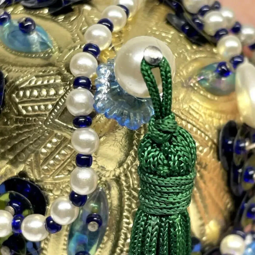 Iridescent Green Gold Beaded‎ Push Pin Chandelier Christmas Ornament MCM Vintage